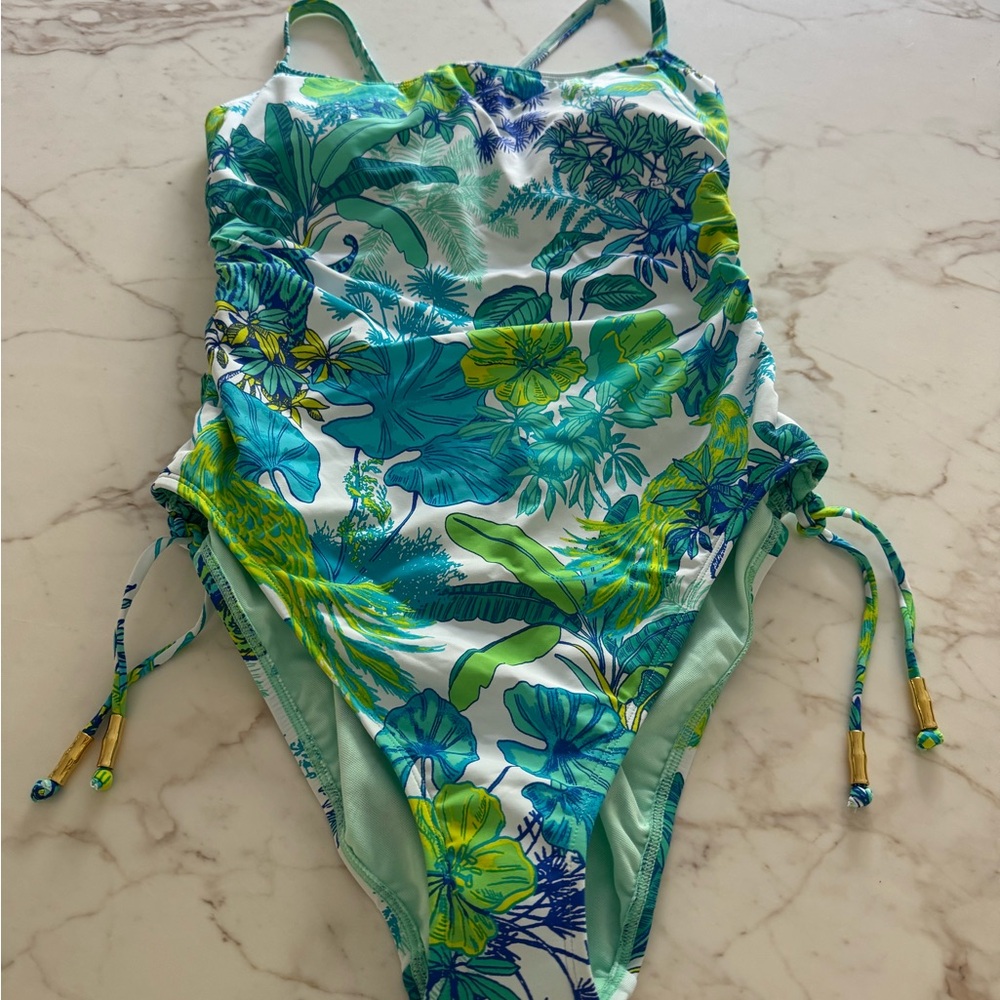NWT Bleu Rod Beattie one piece swimsuit, size 10, blue/green tropical pattern.